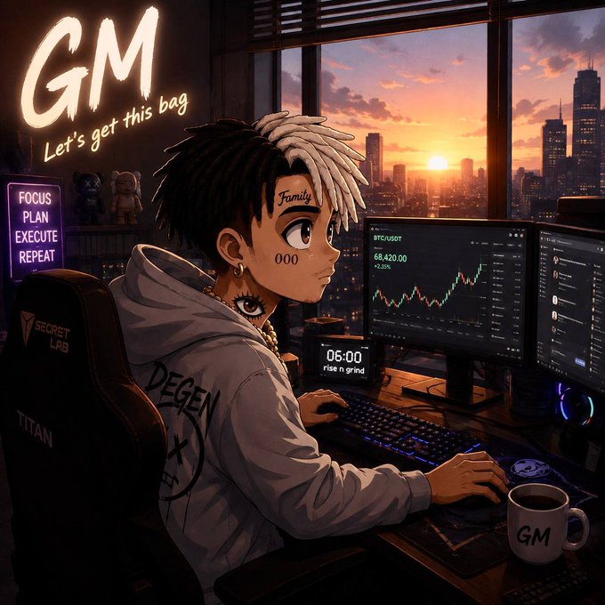 An anime-style illustration of a person with dreadlocks and face tattoos working at a computer setup at sunrise, with a 'GM' neon sign reading 'Let's get this bag', a BTC/USDT chart showing 68,420.00, and a mug labeled 'GM'.