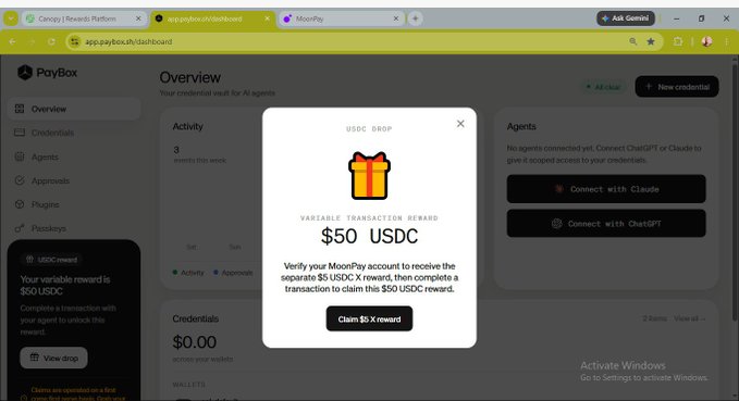 A screenshot of a 'PayBox' dashboard showing a 'USDC DROP' pop-up for a '$50 USDC' reward requiring a MoonPay verification, with a 'Claim $5 X reward' button.
