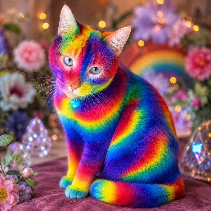 The image features a cat with rainbow-colored fur, sitting on top of a purple blanket or cushion. The cat has blue eyes and appears to be looking directly at the camera. In the background, there are flowers that add to the overall visual appeal of the scene. The caption for this image reads "$VIXEN is now live! CA: AJEbsxNMtAnLYg6qXCj8VASMGwnLWNtumHhLaxYFpump".