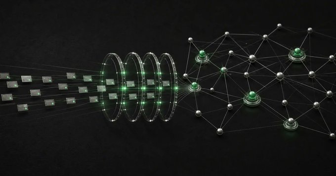 A conceptual digital image showing glowing server icons flowing through translucent rings on the left, connecting to a network of interconnected nodes on the right against a dark background.