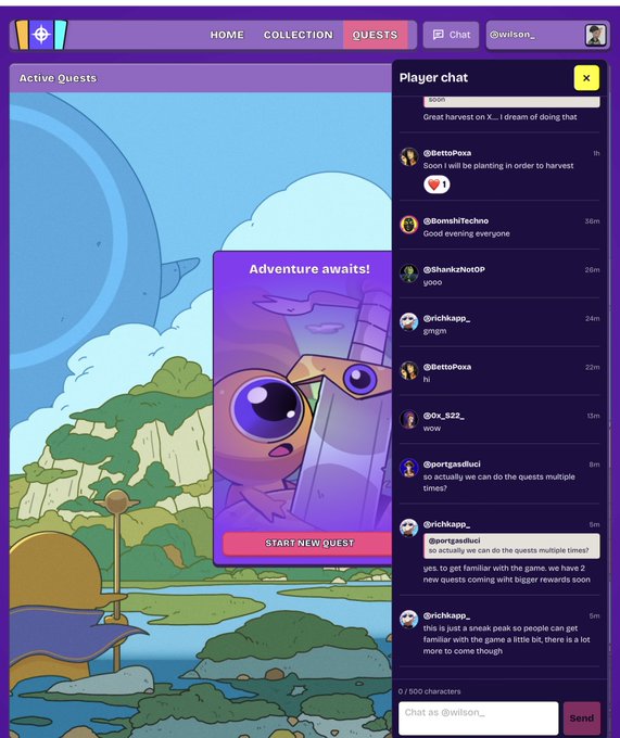 A screenshot of the Everdraw RPG interface displaying the "Quests" tab with an "Adventure awaits!" pop-up featuring a purple creature and "START NEW QUEST" button, alongside a Player chat panel where users like @BettosPoxa, @BomshiTeccho, and @richkapp_ are discussing quest mechanics and harvest planning.