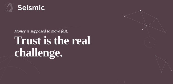 A dark purple graphic titled "Seismic" featuring the text "Money is supposed to move fast. Trust is the real challenge." with a decorative network/node illustration on the right.