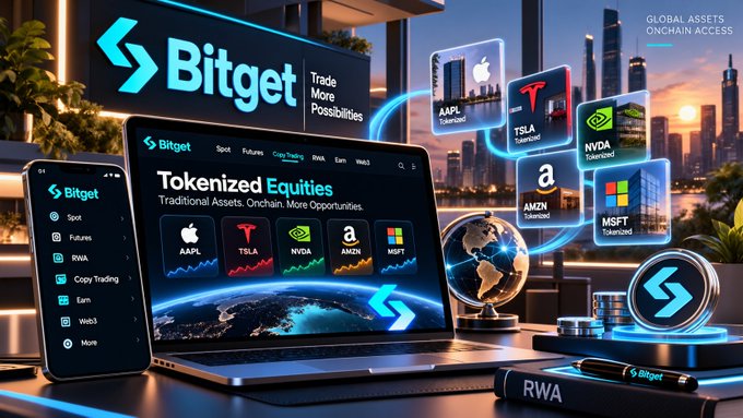 A promotional image for Bitget exchange advertising 'Tokenized Equities' with visible tickers AAPL, TSLA, NVDA, AMZN, and MSFT, displayed across a laptop and smartphone screen alongside a 'Global Assets Onchain Access' tagline.