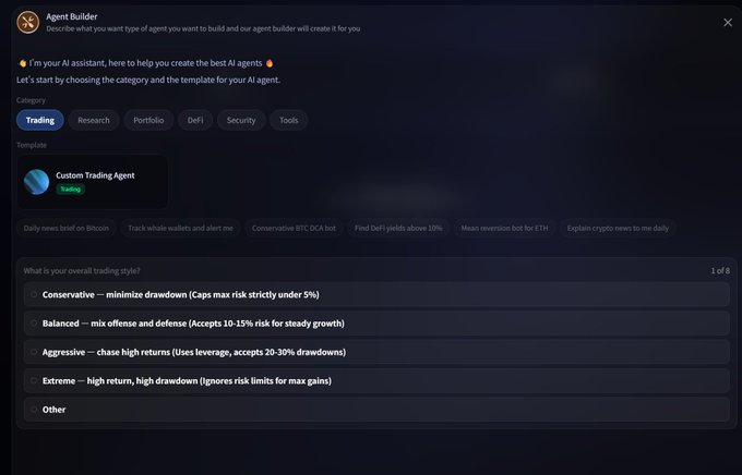 Screenshot of an "Agent Builder" interface for creating AI agents, with "Trading" category selected, "Custom Trading Agent" template chosen, and options for trading styles like Conservative, Balanced, Aggressive, and Extreme.