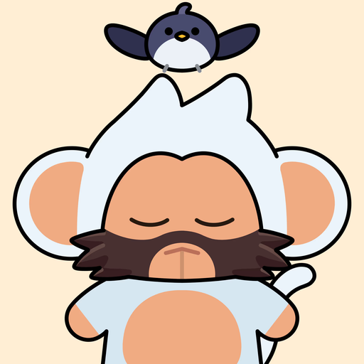 A cute cartoon illustration of a monkey character in a blue bear costume with a small penguin perched on top of its head.