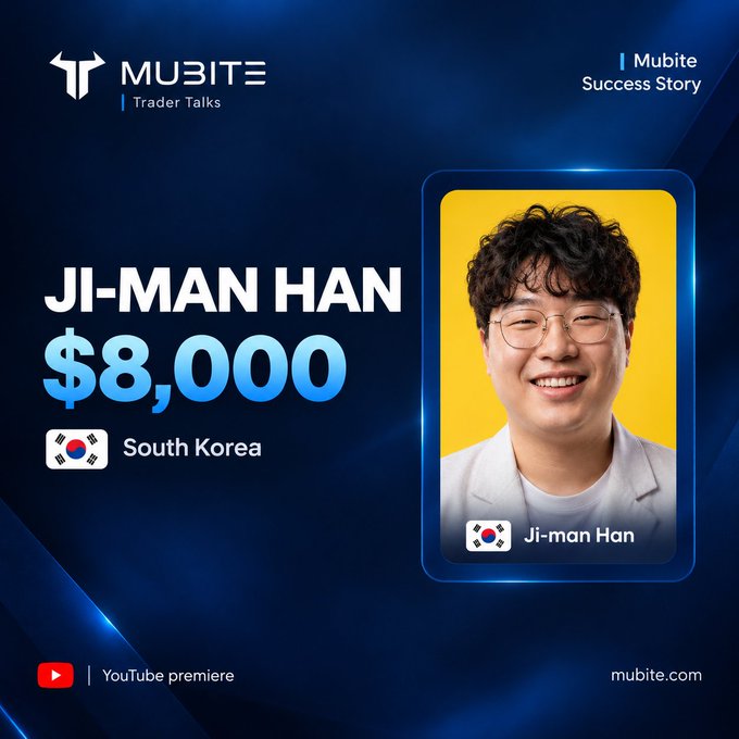 A Mubite Trader Talks promotional graphic titled "Mubite Success Story" features Korean crypto trader Ji-man Han, who is shown smiling in a yellow-framed portrait alongside the South Korean flag and the text "$8,000," highlighting his recent live withdrawal achievement that the post teases as having a compelling backstory.