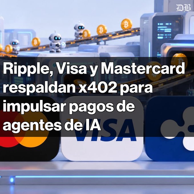 A digital graphic featuring robots on a conveyor belt with Bitcoin icons, displaying text in Spanish: 'Ripple, Visa y Mastercard respaldan x402 para impulsar pagos de agentes de IA' alongside Mastercard, Visa, and another card logo.
