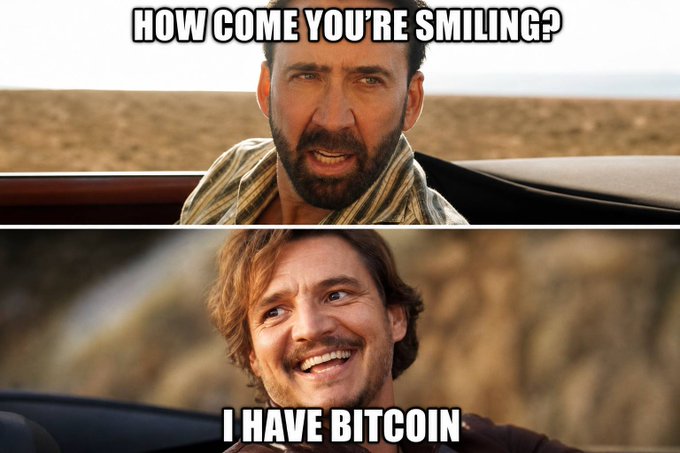 A two-panel meme using the "How come you're smiling?" scene, with the top panel showing Nicolas Cage looking confused and the bottom panel showing Jim Carrey smiling with the caption "I HAVE BITCOIN".