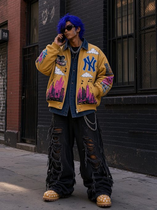 A fashionably dressed person with blue hair and sunglasses stands on a city street, wearing a yellow jacket with a 'NY' logo, heavily distressed black jeans, and polka-dot shoes while talking on a phone.