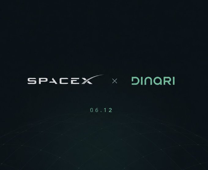 The image shows a promotional graphic or advertisement featuring two logos - one representing "SpaceX" and the other "Dinari". These logos are placed within a black background with a green color that creates a striking visual contrast. The caption on this image reads, "Focus on what is in the image and how it relates to the post."