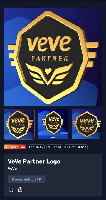 A digital collectible displaying a gold and blue "veve PARTNER" badge with wings and heart emblem, marked as "Secret Rare," Edition #9, "Owned," "First Edition."