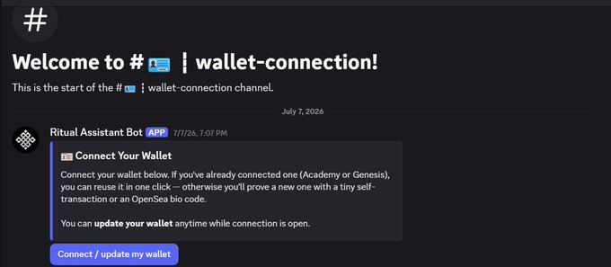 A Discord channel screenshot titled 'Welcome to #wallet-connection!' showing a 'Ritual Assistant Bot' message instructing users to connect their wallet, with a button labeled 'Connect / update my wallet.'
