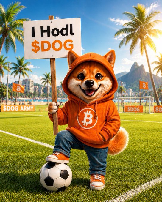 A cartoon Shiba Inu dog in an orange Bitcoin hoodie holding a sign reading 'I Hodl $DOG' while standing on a soccer ball in a tropical stadium setting with '$DOG ARMY' banners.