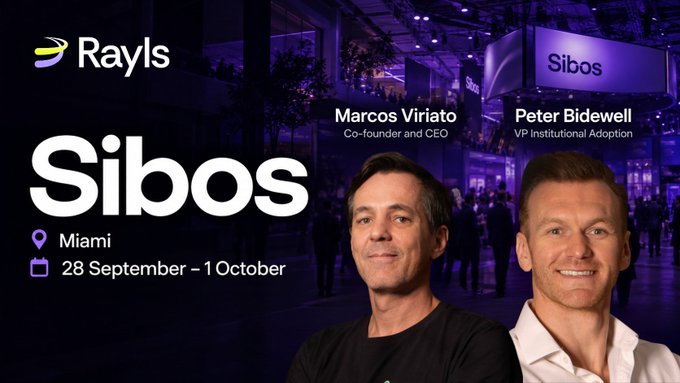 Promotional graphic for Sibos conference in Miami (September 28 – October 1) featuring Marcos Viriato (Co-founder and CEO) and Peter Bidewell (VP Institutional Adoption) with Rayls branding.