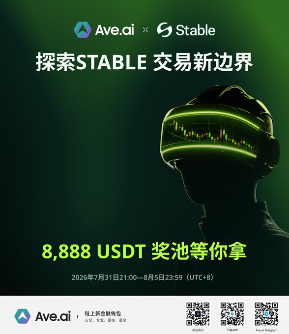 A promotional poster for an Ave.ai × Stable trading campaign featuring a figure wearing a VR headset displaying candlestick charts, advertising an "8,888 USDT 奖池等你拿" (8,888 USDT prize pool) event running from July 31 to August 5, 2026 (UTC+8). The image visually reinforces the post's discussion of trading and chain activity on the Stable network, with QR codes at the bottom linking to Ave.ai's official community, download, and Telegram channels.