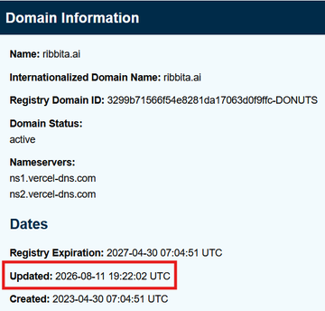 WHOIS lookup results for the domain "ribbita.ai," highlighting the "Updated" date of 2026-08-11 as a key detail.