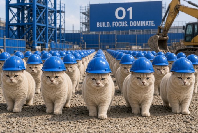 A humorous AI-generated image showing rows of white cats wearing blue hard hats at a construction site, with a sign reading '01 BUILD. FOCUS. DOMINATE.'