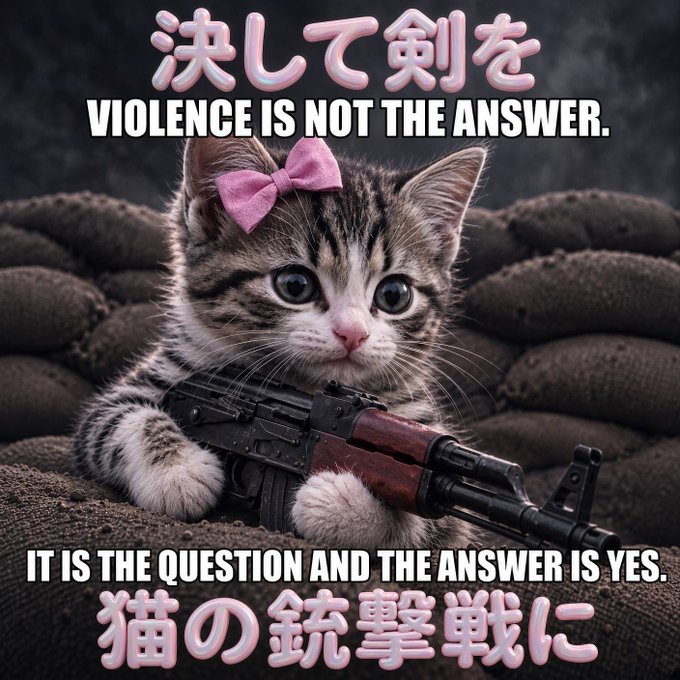 Meme image of a kitten with a pink bow holding an AK-47, featuring text that reads 'VIOLENCE IS NOT THE ANSWER. IT IS THE QUESTION AND THE ANSWER IS YES' along with Japanese characters.