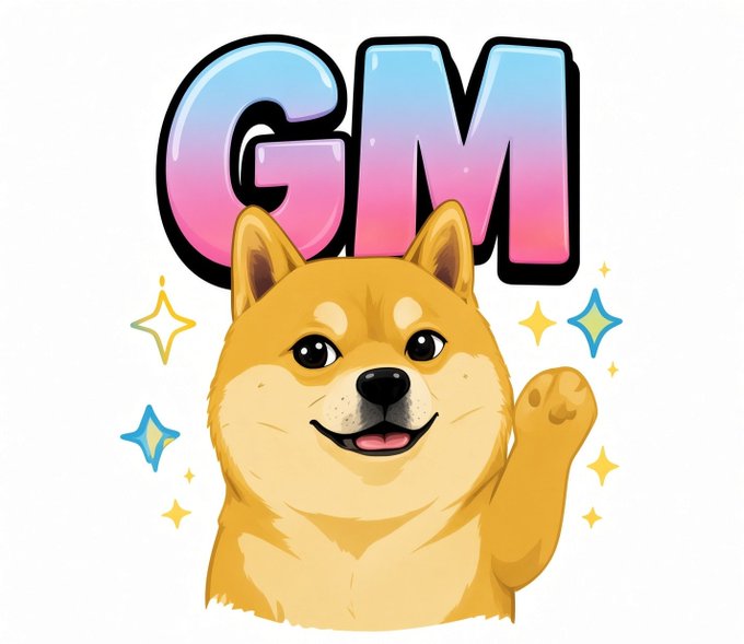 A cartoon illustration of a smiling Shiba Inu dog waving its paw, positioned below large stylized bubble letters spelling 'GM' (Good Morning), surrounded by colorful sparkle graphics.