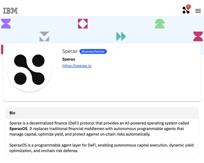 IBM partner profile card displaying Sperax as a Business Partner with its logo, website (sperax.io), and a bio describing Sperax as a DeFi protocol featuring the AI-powered SperaxOS, visually confirming the announcement of Sperax becoming an official IBM Partner.
