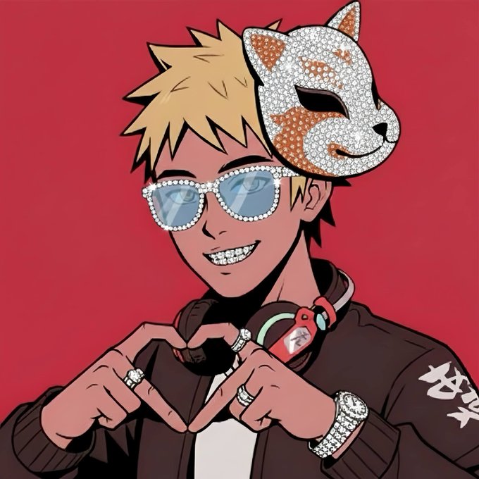 A stylized anime-style illustration of a young man with blonde hair, a jeweled fox mask on his head, diamond-rimmed sunglasses, diamond grillz, and rings, making a heart gesture with his fingers.