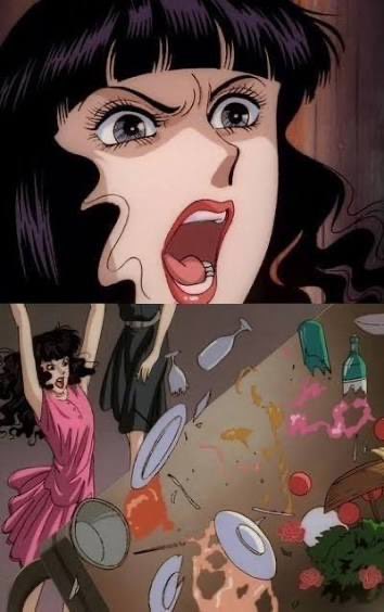 A two-panel anime image showing a shocked, open-mouthed face in the top half and a chaotic scene of thrown plates and food below.