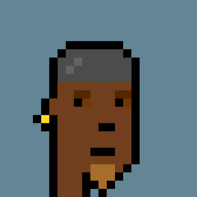 A pixel art portrait of a man with dark skin, dark hair, and a yellow earring against a blue background.