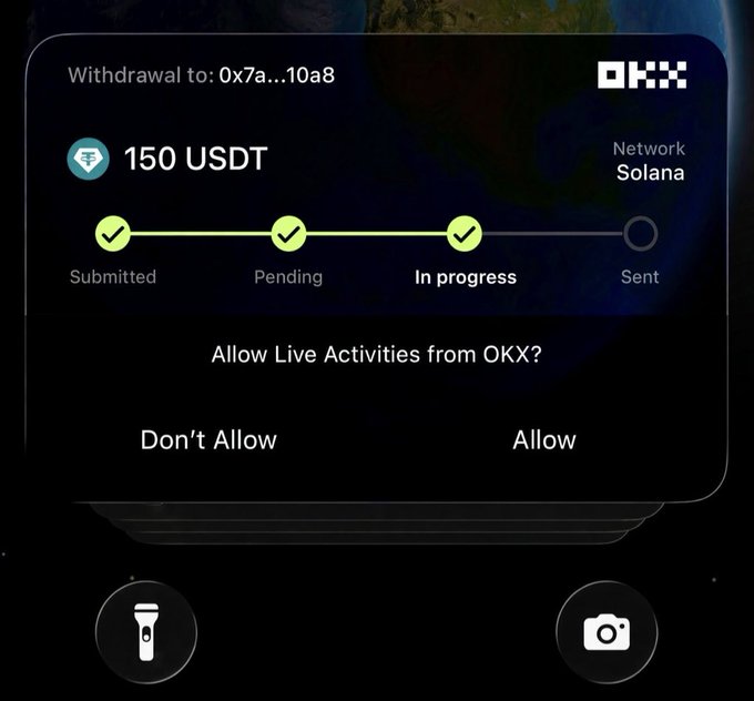 The image shows an OKX crypto withdrawal screen displaying a 150 USDT transaction to address "0x7a...10a8" on the Solana network, currently marked as "In progress." Below it, a Live Activities permission prompt asks whether to allow notifications from OKX. The image illustrates the user's giveaway claim process, showing a withdrawal in progress for the $150 USDT reward being distributed to 3 followers on Solana.