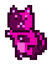 A pixel art illustration of a pink and dark purple cat-like creature sitting down against a white background.