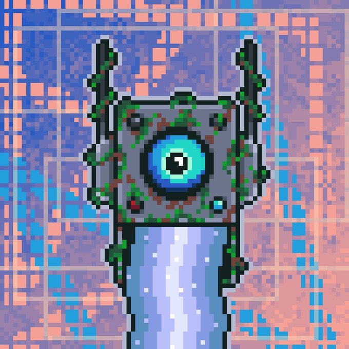 Pixel art of a fortress-like structure with a central blue eye symbol and spires, overgrown with green moss, set against a city building backdrop.