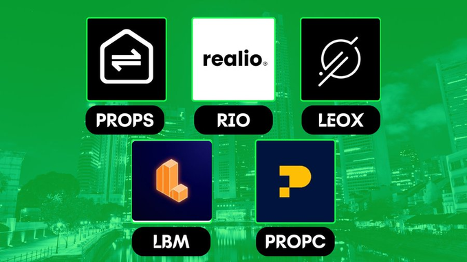 The image displays the logos and tickers of five trending RWA (Real World Asset) tokens—$PROPS, $RIO, $LEOX, $LBM, and $PROPC—set against a green cityscape background, visually highlighting the most tweeted RWA tokens in Q3 as mentioned in the accompanying post.