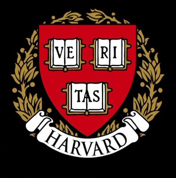 The Harvard University shield logo on a black background, featuring a red crest with three open books displaying the Latin motto 'VE-RI-TAS' and a white banner below reading 'HARVARD', surrounded by a golden laurel wreath.