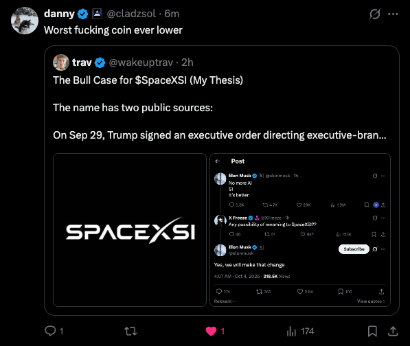 A tweet by @cladzsol with the caption 'Worst fucking coin ever lower' quotes @wakeuptrav's post titled 'The Bull Case for $SpaceXSI,' which displays the SpaceXSI logo and references an executive order signed by Trump on Sep 29.