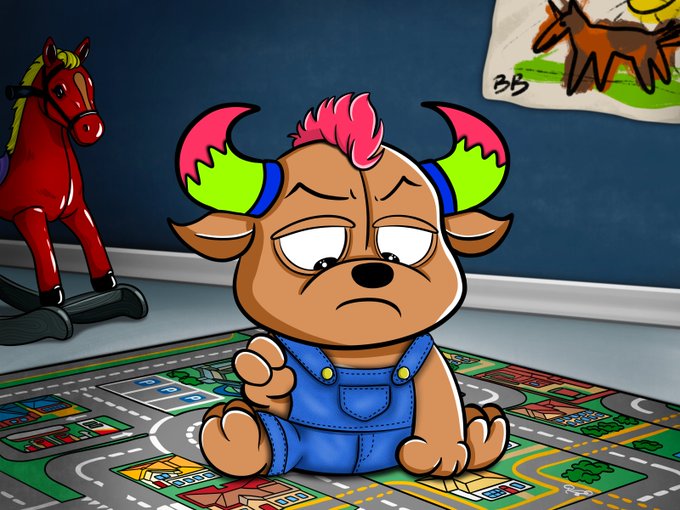 A cartoon illustration of a sad-looking brown horned creature wearing blue overalls, sitting on a playmat featuring roads, near a red rocking horse and a child's drawing.