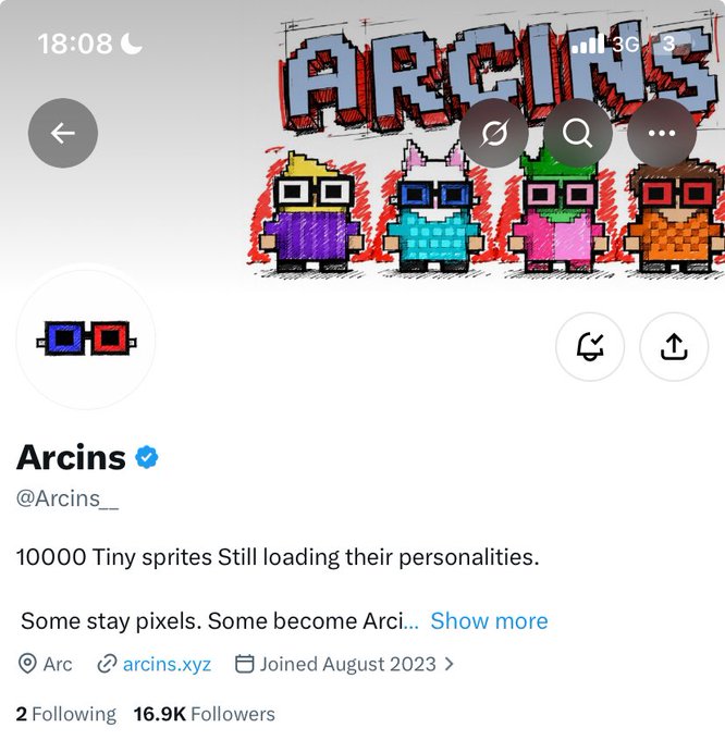 Twitter/X profile page for verified user 'Arcins' (@Arcins__) showing pixel art characters and bio text '10000 Tiny sprites Still loading their personalities.'