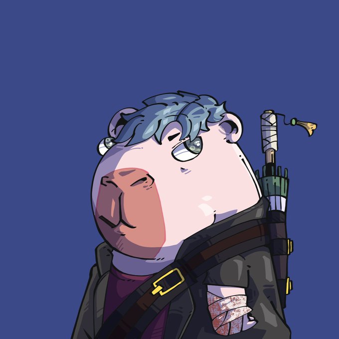 An anthropomorphic capybara with blue hair, wearing a leather jacket and carrying a sword on its back, is depicted in a stylized anime art style. The image appears to be a unique profile picture (PFP) showcasing an "honorary" NFT character that the user is proudly displaying after missing out on the MoonPay free money opportunity.