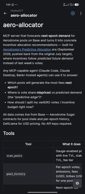A mobile screenshot titled 'aero-allocator' describing an MCP server that forecasts next-epoch demand for Aerodrome pools on Base, built for Aerodrome's Predictive Allocation era starting September 2026, with tools like 'scan_pools' and 'pool_history'.