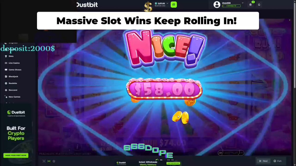 The image features a vibrant slot machine game with a large pink "NICE!" sign at the top of the screen. The game appears to be a digital slot game that allows players to play instantly, as indicated by the text "Everything is designed for a seamless crypto gaming experience". The game also offers various options such as "deposit!2005", "deposit!2006", and "deposit!2007" which could be related to different deposit dates. Additionally, there are other words like "deposits!", "deposits!", and "deposits!" that emphasize the instant nature of the game. The image also includes a link to the website for more information about the slot machine game.