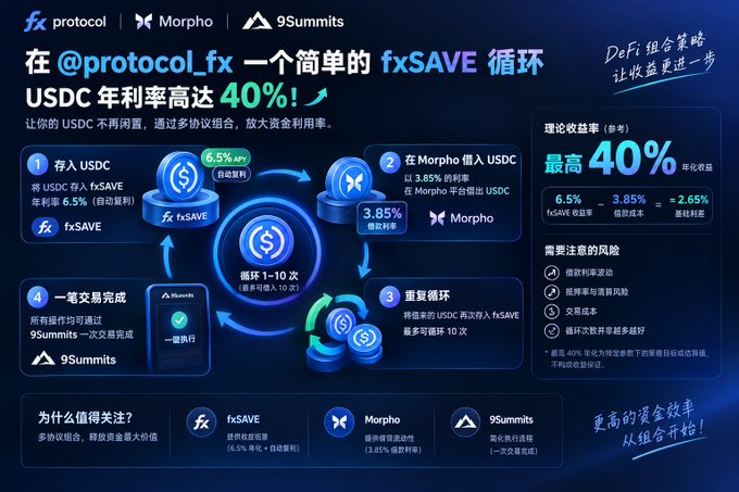 A Chinese-language infographic from @protocol_fx explaining a DeFi cycle involving fxSAVE, Morpho, and 9Summits, claiming USDC annual yields up to 40%.