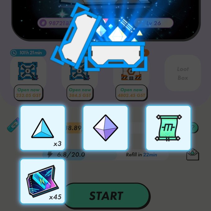 A mobile game interface displays a 'START' button, loot boxes priced in 'GST', and an energy meter at 6.8/20.0, with a 'Lv 26' badge visible.