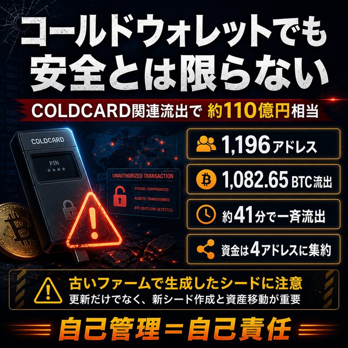 A Japanese-language infographic warning 'コールドウォレットでも安全とは限らない' (Cold wallets are not always safe) regarding a COLDCARD-related outflow of approximately 1,082.65 BTC from 1,196 addresses.