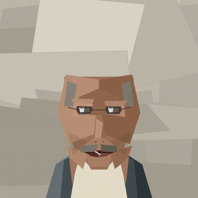 Low-poly digital artwork showing the face of an older man with glasses, a mustache, and a goatee against a geometric gray background.