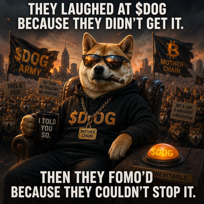 A meme featuring a Shiba Inu dog wearing sunglasses, a '$DOG' hoodie, and a gold chain, sitting on a throne with '$DOG ARMY' and 'B MOTHER CHAIN' flags in the background.