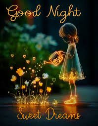 A 'Good Night Sweet Dreams' illustration featuring a little girl in a blue dress releasing glowing orange butterflies and hearts from a jar in a nighttime garden setting.