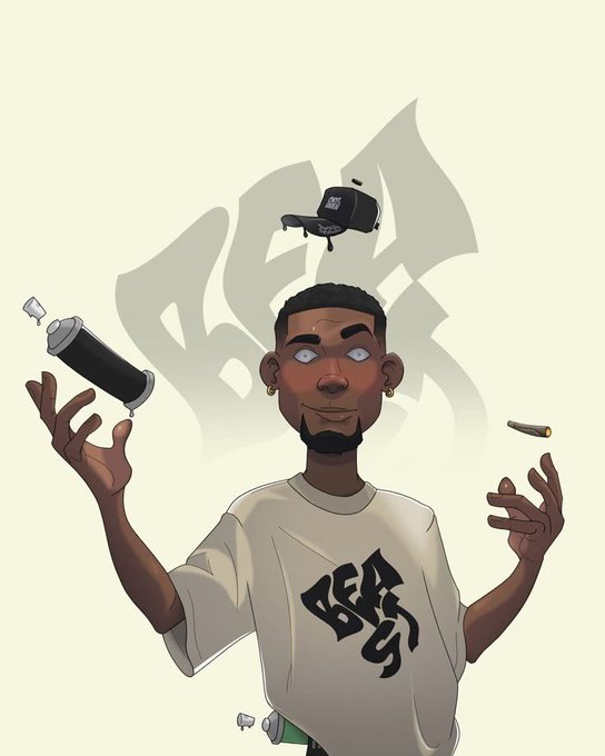 An illustration of a man with a cap floating above his head, holding a spray can, with the text 'SSAS' on his shirt.