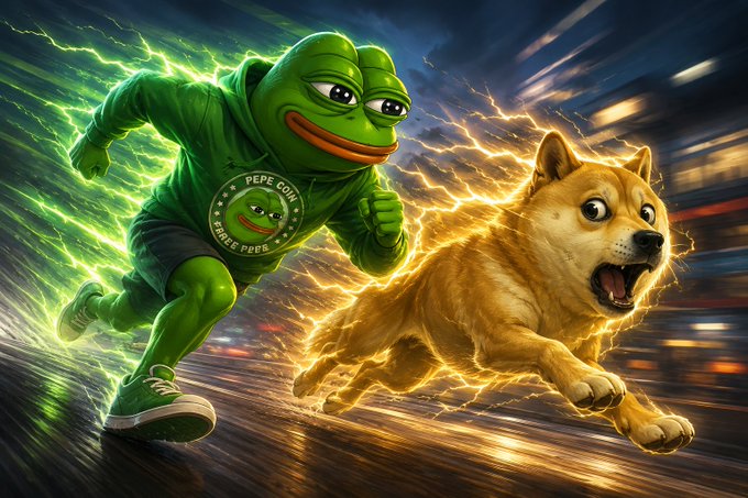 An anthropomorphic Pepe frog wearing a green "PEPE COIN" hoodie outruns a shocked Shiba Inu dog amid lightning and motion blur. The dynamic image visually reinforces the post's claim that $PEPECOIN is overtaking Dogecoin in the memecoin race.