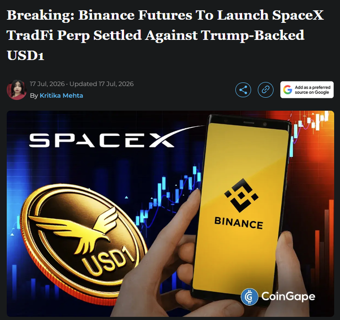 A news article from CoinGape headlined "Breaking: Binance Futures To Launch SpaceX TradFi Perp Settled Against Trump-Backed USD1," featuring the SpaceX and Binance logos alongside a golden USD1 coin against a candlestick chart background, which directly illustrates the post's announcement of trading tokenized SpaceX perps using USD1 with leverage on Binance.