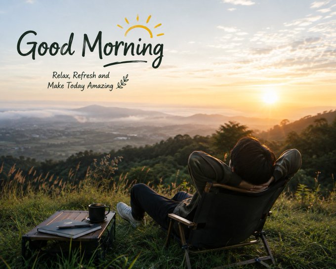 A scenic 'Good Morning' greeting card shows a person relaxing in a camping chair watching a sunrise over misty mountains, with text 'Relax, Refresh and Make Today Amazing'.