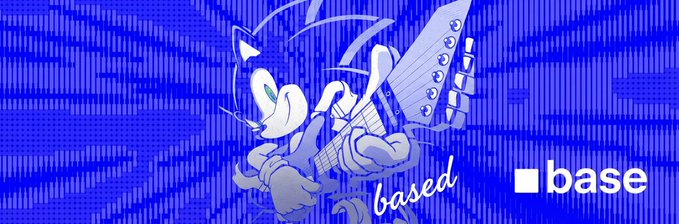 A blue-toned illustration of Sonic the Hedgehog playing an electric guitar with the text 'based' and the Base (cryptocurrency) logo.