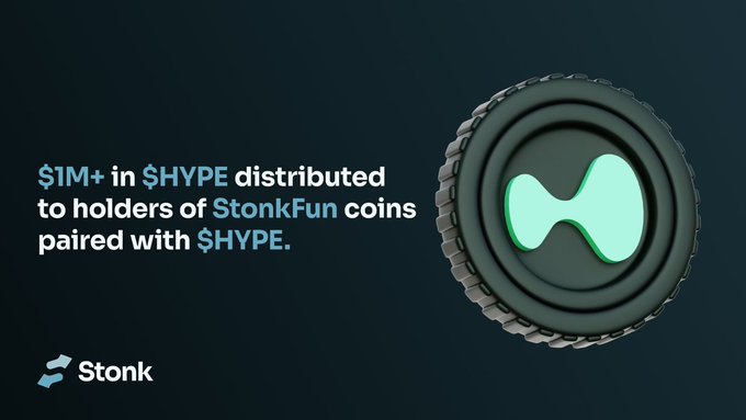 The image features a dark background with a stylized 3D coin displaying a green wave-like logo, alongside text announcing "$1M+ in $HYPE distributed to holders of StonkFun coins paired with $HYPE," with the Stonk branding at the bottom—visually reinforcing the post's milestone of over $1,000,000 in $HYPE rewards distributed to paired token holders.